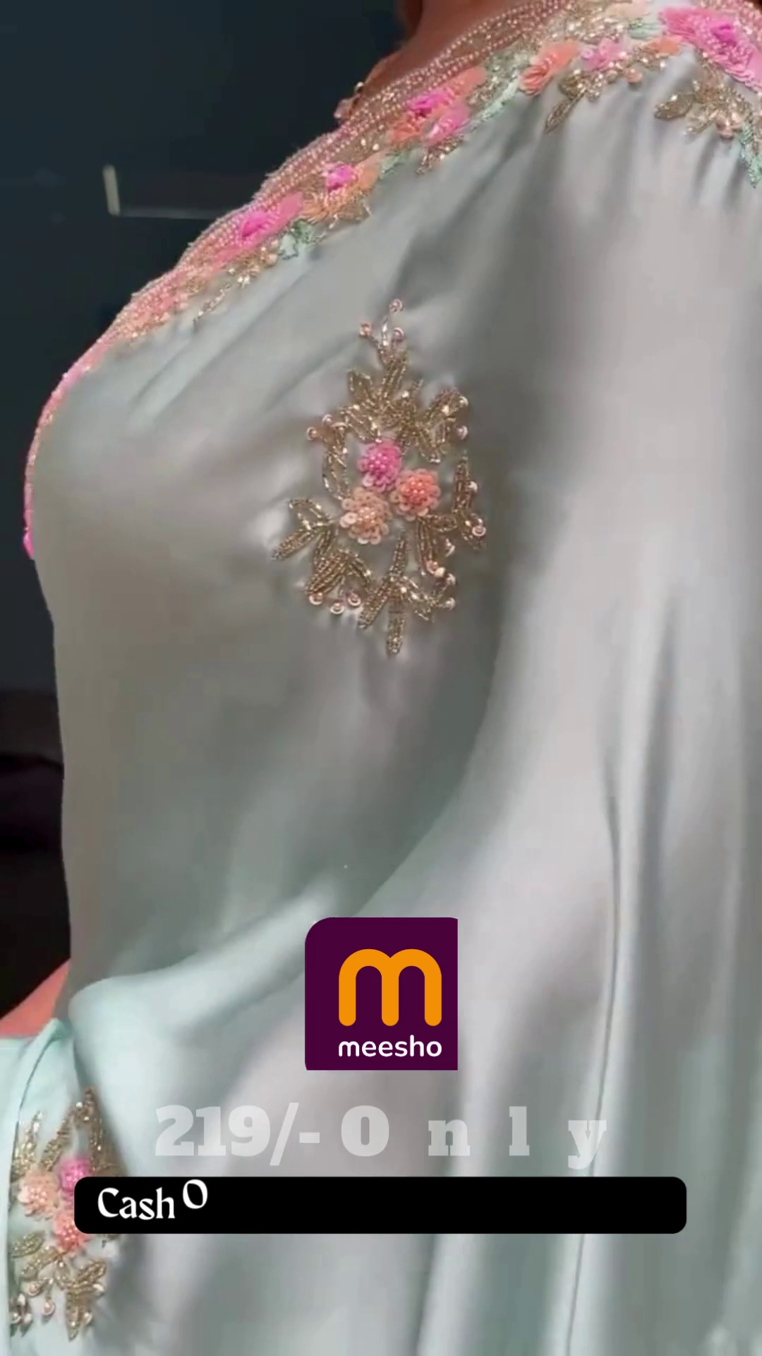 Soft Mint Green Saree with Pink Floral Embroidery and Scalloped Border - Designer Pastel Ethnic Wear - Image 3