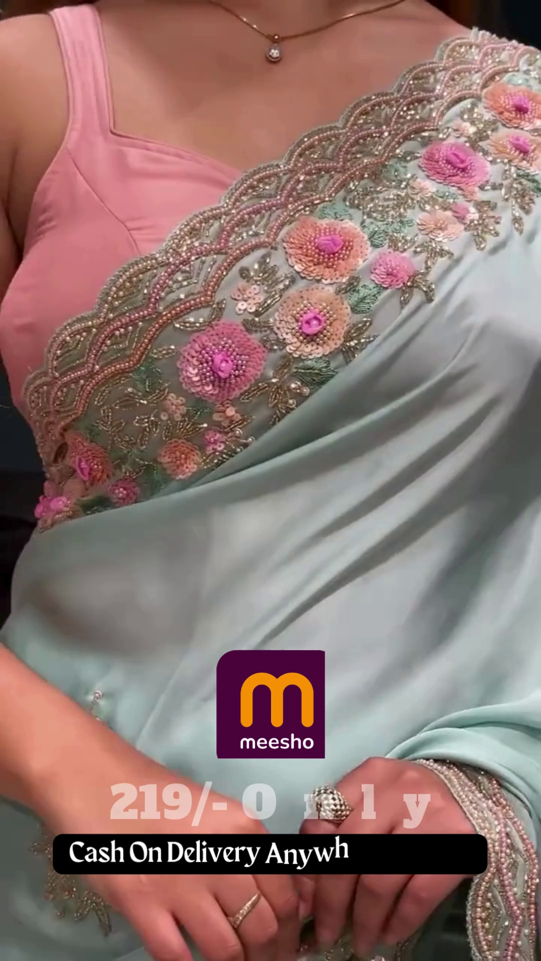 Soft Mint Green Saree with Pink Floral Embroidery and Scalloped Border - Designer Pastel Ethnic Wear