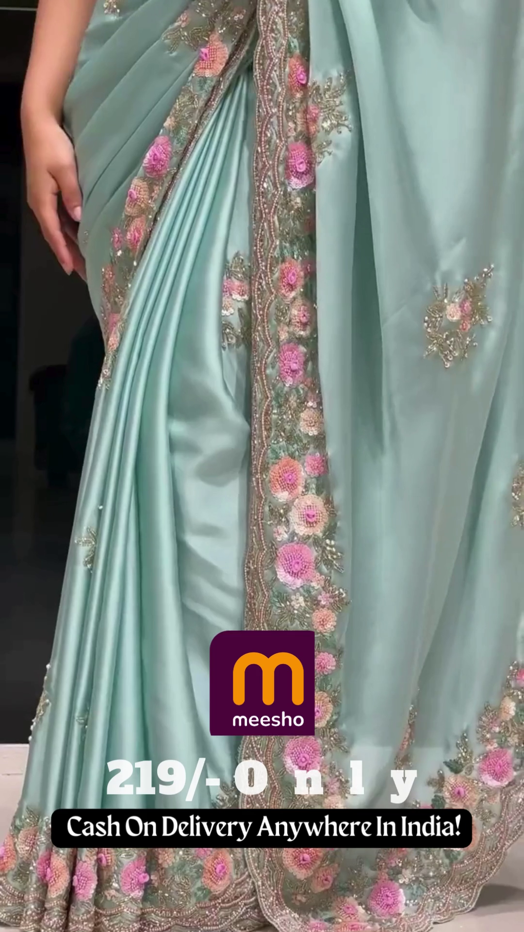 Soft Mint Green Saree with Pink Floral Embroidery and Scalloped Border - Designer Pastel Ethnic Wear - Image 2