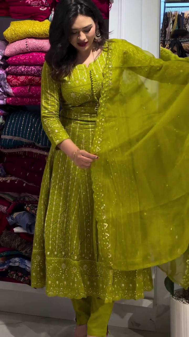Radiant Lime Green Anarkali Gown with Intricate Zari and Mirror Embroidery - Grand Festive Ethnic Gown - Image 3