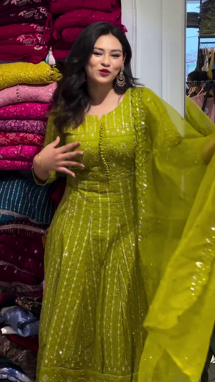 Radiant Lime Green Anarkali Gown with Intricate Zari and Mirror Embroidery - Grand Festive Ethnic Gown - Image 4