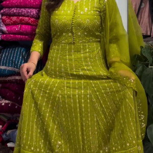 Radiant Lime Green Anarkali Gown with Intricate Zari and Mirror Embroidery - Grand Festive Ethnic Gown