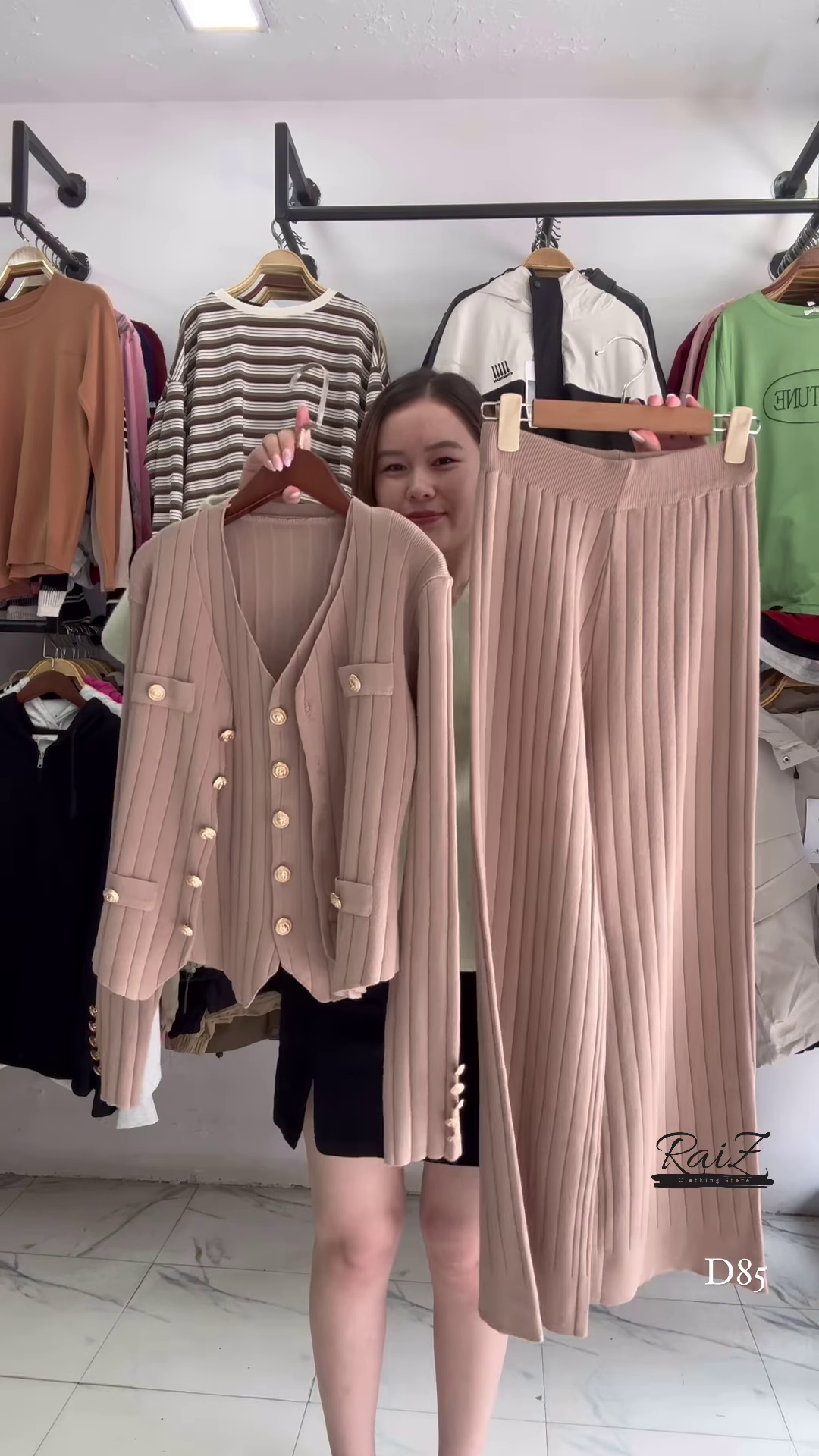 Tan Beige Ribbed Knit Cardigan and Wide-Leg Trouser Set with Gold Button Detailing - Luxury Winter Wear - Image 3