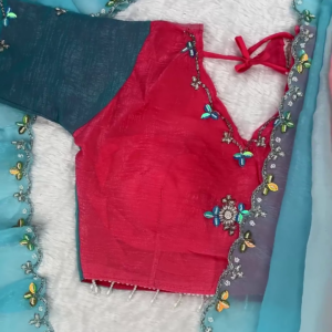 Radiant Sunset Coral Designer Blouse with Ombre Saree Set