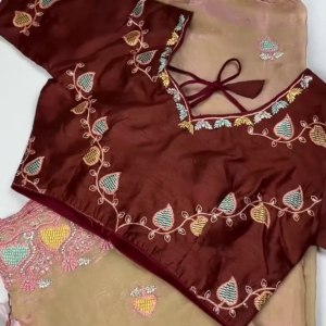 Royal Maroon Leaf-Embroidered Blouse with Sand Gold Saree Set