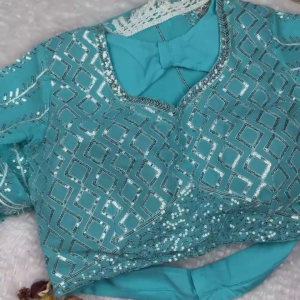 Turquoise Geometric Sequin Blouse with Diamond Lattice Embroidery